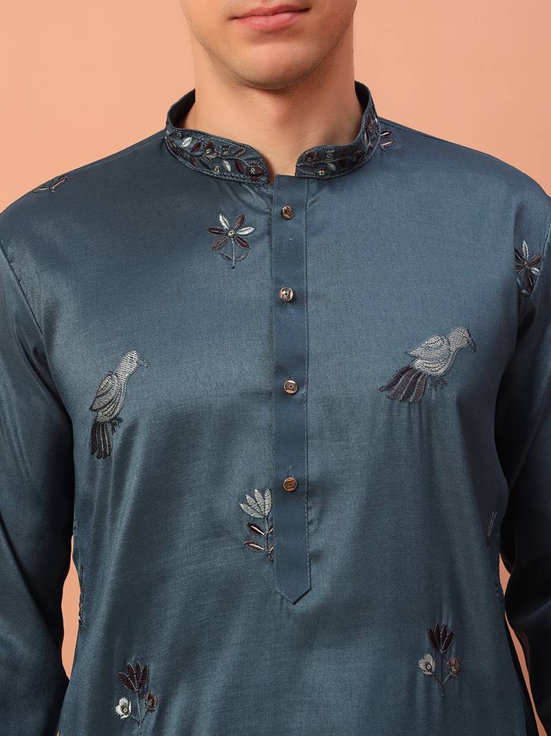 Teal blue heavy silk thread & zari embroidered band collar kurta pajama