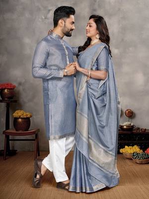 Blue color silk blend couple combo men's kurta & pajama & women saree set 1