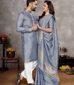Blue color silk blend couple combo men's kurta & pajama & women saree set
