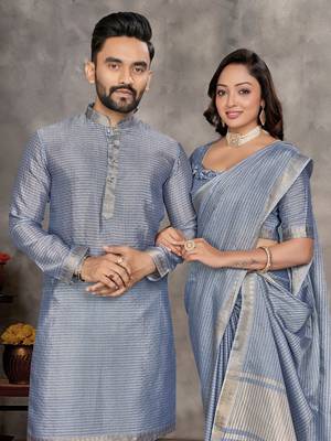 Blue color silk blend couple combo men's kurta & pajama & women saree set 2