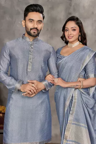 Blue color silk blend couple combo men's kurta & pajama & women saree set