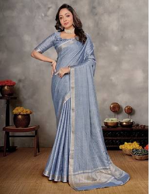 Blue color silk blend couple combo men's kurta & pajama & women saree set 3