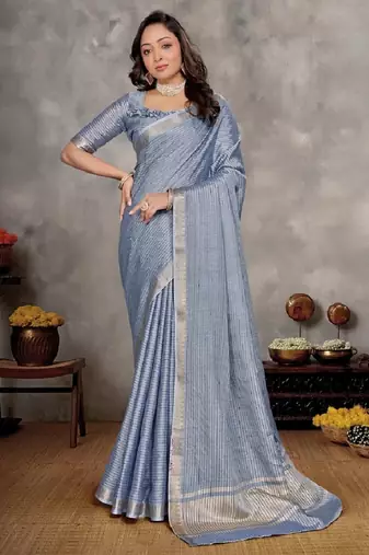 Blue color silk blend couple combo men's kurta & pajama & women saree set