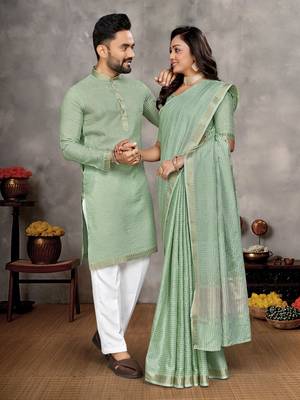 light green  color silk blend couple combo men's kurta & pajama & women saree set 1