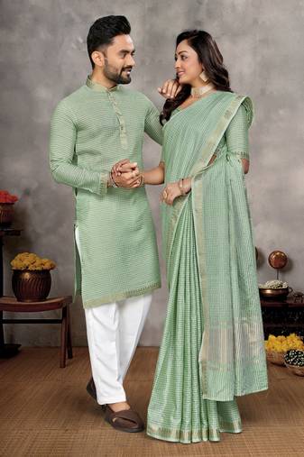 light green  color silk blend couple combo men's kurta & pajama & women saree set