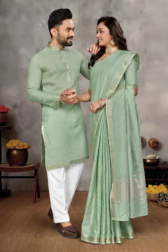 light green  color silk blend couple combo men's kurta & pajama & women saree set