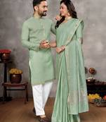 light green  color silk blend couple combo men's kurta & pajama & women saree set