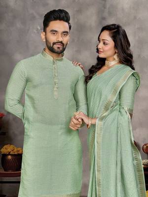 light green  color silk blend couple combo men's kurta & pajama & women saree set 2