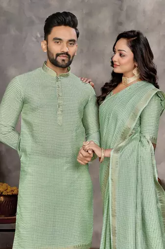 light green  color silk blend couple combo men's kurta & pajama & women saree set
