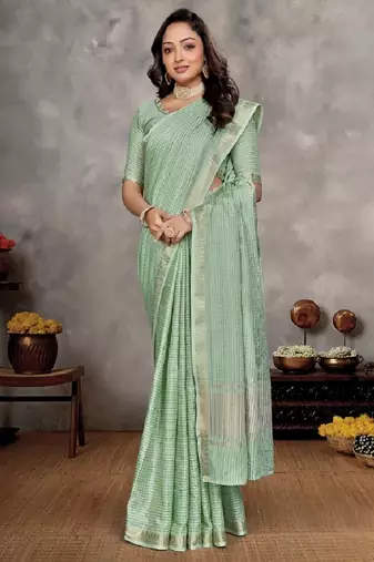light green  color silk blend couple combo men's kurta & pajama & women saree set