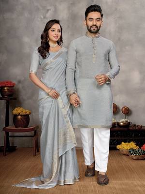 grey  color silk blend couple combo men's kurta & pajama & women saree set 1