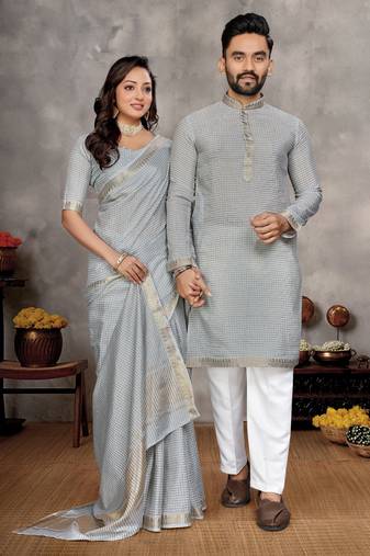 grey  color silk blend couple combo men's kurta & pajama & women saree set