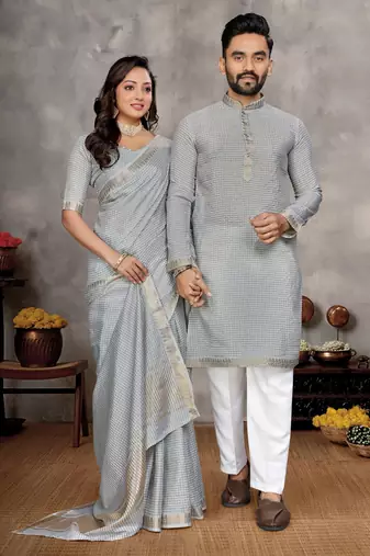 grey  color silk blend couple combo men's kurta & pajama & women saree set