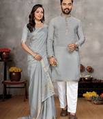 grey  color silk blend couple combo men's kurta & pajama & women saree set