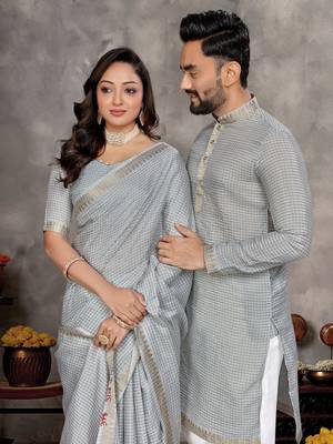 grey  color silk blend couple combo men's kurta & pajama & women saree set 2