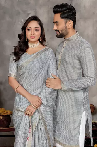 grey  color silk blend couple combo men's kurta & pajama & women saree set