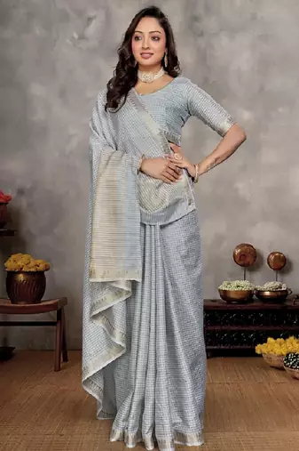 grey  color silk blend couple combo men's kurta & pajama & women saree set