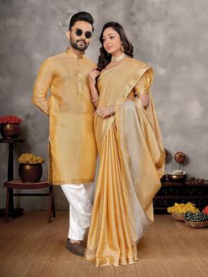 musturd  color silk blend couple combo men's kurta & pajama & women saree set 1