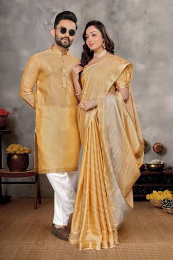 musturd  color silk blend couple combo men's kurta & pajama & women saree set