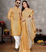 musturd  color silk blend couple combo men's kurta & pajama & women saree set
