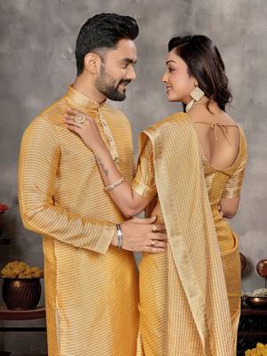 musturd  color silk blend couple combo men's kurta & pajama & women saree set 2