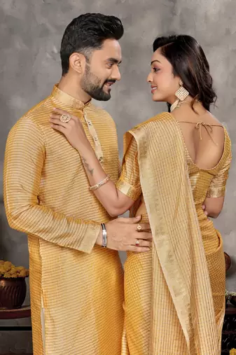musturd  color silk blend couple combo men's kurta & pajama & women saree set