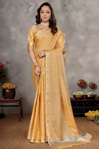musturd  color silk blend couple combo men's kurta & pajama & women saree set