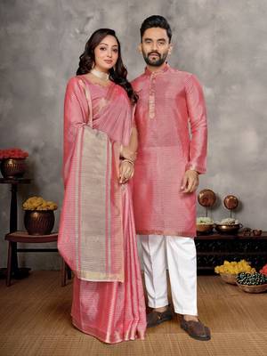 pink  color silk blend couple combo men's kurta & pajama & women saree set 1