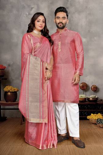 pink  color silk blend couple combo men's kurta & pajama & women saree set