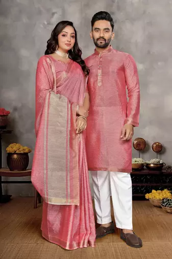 pink  color silk blend couple combo men's kurta & pajama & women saree set