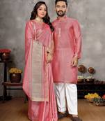 pink  color silk blend couple combo men's kurta & pajama & women saree set