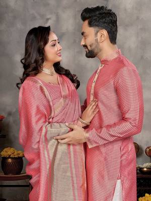 pink  color silk blend couple combo men's kurta & pajama & women saree set 2