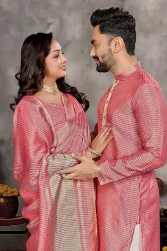pink  color silk blend couple combo men's kurta & pajama & women saree set
