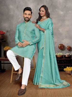sky blue  color silk blend couple combo men's kurta & pajama & women saree set 1