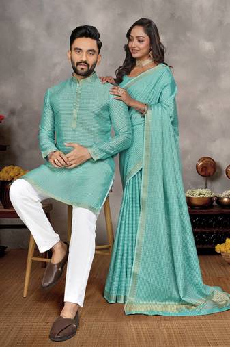 sky blue  color silk blend couple combo men's kurta & pajama & women saree set