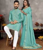 sky blue  color silk blend couple combo men's kurta & pajama & women saree set