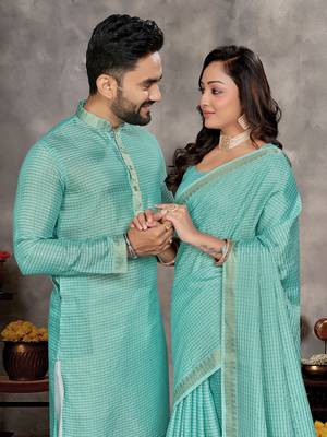 sky blue  color silk blend couple combo men's kurta & pajama & women saree set 2