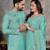 sky blue  color silk blend couple combo men's kurta & pajama & women saree set