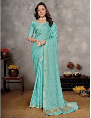 sky blue  color silk blend couple combo men's kurta & pajama & women saree set 3