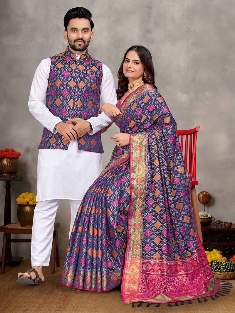 Couple combo men's kurta & pajama koti & women saree set