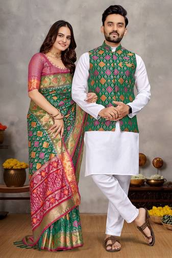 Green color jacquard weaving silk  couple combo men's kurta & pajama koti & women saree set