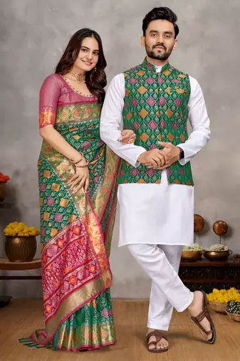 Green color jacquard weaving silk  couple combo men's kurta & pajama koti & women saree set
