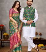 Green color jacquard weaving silk  couple combo men's kurta & pajama koti & women saree set