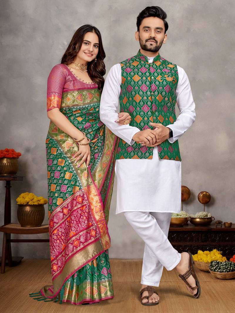 Green color jacquard weaving silk  couple combo men's kurta & pajama koti & women saree set