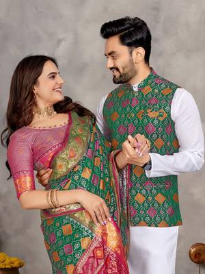 Green color jacquard weaving silk blend  couple combo men's kurta & pajama koti & women saree set 2