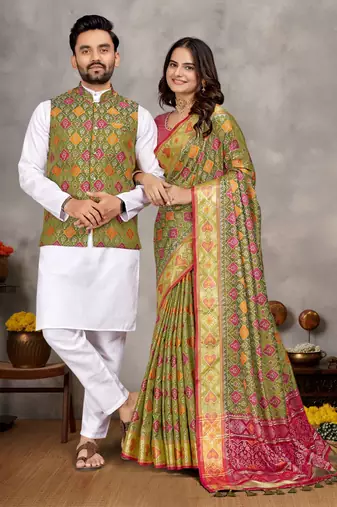 Mehandi green color jacquard weaving silk  couple combo men's kurta & pajama koti & women saree set