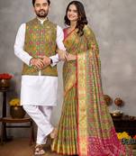 Mehandi green color jacquard weaving silk  couple combo men's kurta & pajama koti & women saree set