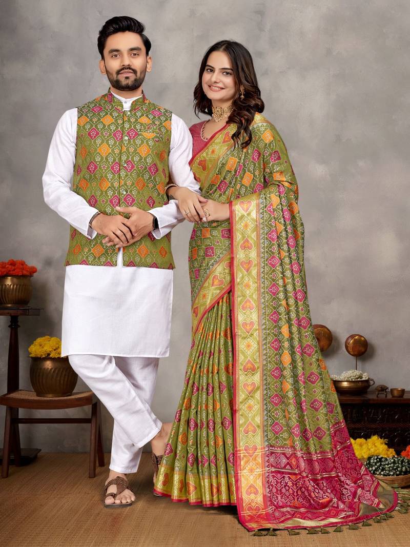 Mehandi green color jacquard weaving silk  couple combo men's kurta & pajama koti & women saree set