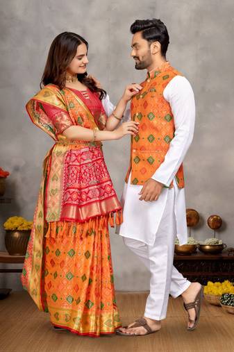 Musturd color jacquard weaving silk  couple combo men's kurta & pajama koti & women saree set