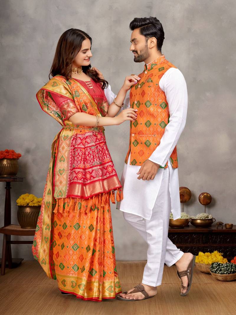 Musturd color jacquard weaving silk  couple combo men's kurta & pajama koti & women saree set